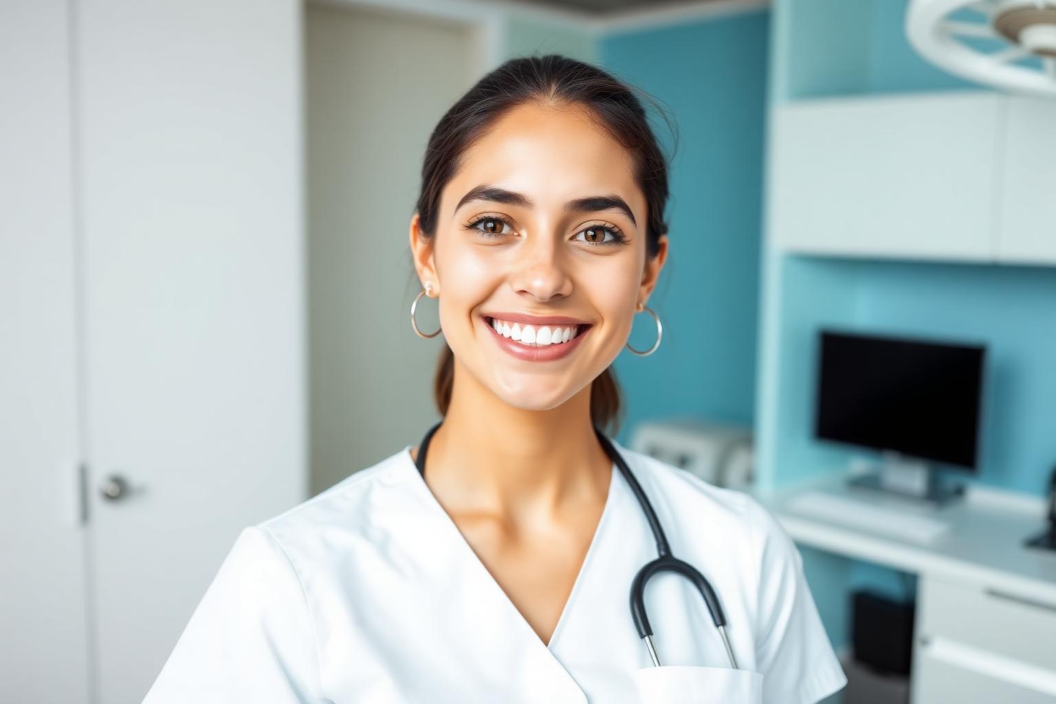 Dentista profissional sorrindo em consultório moderno